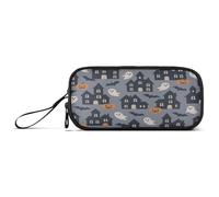 aidingzhi Estuche para lápices de nailon gris con diseño de casas embrujadas de Halloween para adolescentes, estuche de gran capacidad para papelería universitaria para adolescentes universitarios