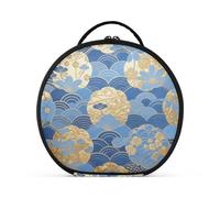 aidingzhi Neceser japonés retro con diseño de ondas de flores azules y doradas, con compartimentos y asa, impermeable, para mujer, con separadores ajustables, 11 pulgadas