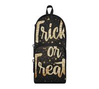 aidingzhi Text Trick Or Treat - Estuche de nailon dorado con 3 compartimentos con asa, gran capacidad, con cremallera, para oficina