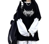 AIDISEN Goth Shirt Goth Shirt Fake Two Piece Alternative Clothing Retro Baggy Goth Long-Sleeved Top Garbage Goth T-Shirts (Black,Large)