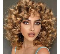 AIDUSA Pelucas afro rizadas con flequillo, pelucas rubias grandes para mujeres negras, pelucas cortas de color marrón claro para mujer, cabello sintético de aspecto natural (rubio miel #30)