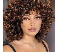 AIDUSA Pelucas cortas sueltas y rizadas para mujeres afroamericanas, peluca degradada con flequillo, peluca corta rizada, peluca afro sintética para mujer, pelo suave (#T33 negro a marrón)