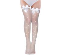 AIEDECOPT Medias Rejilla Mujer, Medias de Rejilla con Diamantes de Imitación Brillantes con Lazo, Media de Red de Diamantes Muslo Sexy, para Fiestas, Bailes, San Valentín, Nochevieja