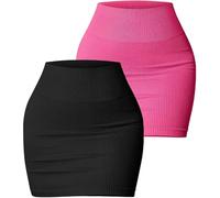 AIEOE 2 Piezas Mujer Mini Falda Vaina Corta Sexy Acanalada Falda Lápiz Minifalda Elegante Estirada Ajustada Talla L Negro + Rosa