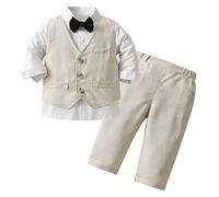 AIEOE 3 Piezas Recién Nacido Bebé Niño Bautismo Traje Camisa + Chaqueta + Pantalones + Pajarita Mangas Largas Adecuado de 1-2 Años Beige
