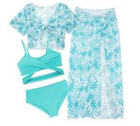 AIEOE 4-Piezas Traje de Bañador Halter Bikini Set Niñas con Floral Bohemio y Cover Up Falda Verano 10 Años Verde B