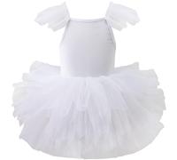 AIEOE Ballet Niña Tutu Vestido con Botón Manga Corta Ruffle Ballet Gimnasia Niñas 6-8 Años Blanco B