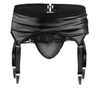 AIEOE Braguitas para hombre, de polipiel, lencería de encaje, sexy, con tiras en "G", estilo tanga, con cinturón de ligas, pack de 2 piezas, Negro brillante., Altoa única