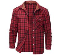 AIEOE - Camisa A Cuadros Hombre Mangas Largas Hombres Camisas de Vestir Slim Chicos Camisa Casual Delgada Vintage con Botones Múltiples Bolsillos para Primavera Verano Otoño Invierno - M - Rojo