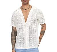 AIEOE Camisa de encaje para hombre de verano, manga corta, transparente, camiseta de ocio, camiseta de encaje, cuello en V, camisa de encaje informal, camisa de verano, Blanco, L