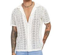 AIEOE Camisa de encaje para hombre, manga corta, camiseta de encaje, camiseta de verano transparente, Blanco, XL