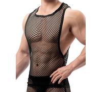 AIEOE Camiseta de malla para hombre con mangas grandes, transparente, sin mangas, camiseta interior de malla, Negro , S