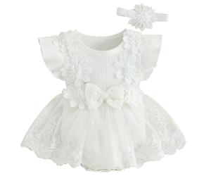 AIEOE Niña 2 Piezas de Vestido Conjunto Mariposa Sin Mangas Vestido de Princesa y Cinta Rompecabezas de Bebé para Fiesta Bautizo Ceremonia, Color blanco., 0-3 Meses