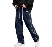 AIEOE Pantalones de chándal holgados Y2K para hombre, pantalones deportivos anchos con cordón, ropa de calle, pantalones de ocio con ribete, moda adolescente, azul oscuro, L