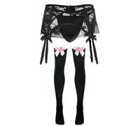 AIEOE Ropa interior para hombre Sissy Conjunto de ropa interior de malla Tanga de encaje Slip Lingeire Crossdresser Ropa Medias largas 2 piezas, Volantes negros, Talla única