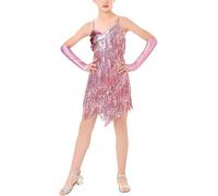 AIEOE Vestido de Baile Latino Niña Vestido de Leotardos de Baile Latino con Flecos Disfraz de Baile Latino Niña 5-7 Años Rosa A