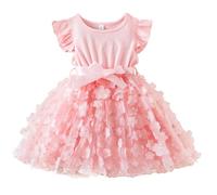 AIEOE Vestidos de Tul de Niña con Flor de Mariposa Sin Mangas Elegante Vestido de Bautizo Verano Princesa Adecuado para 5-6 Años Rosa