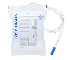 AIESI® Bolsas de orina de 2 litros tubo 120 cm sin grifo de descarga HOSPIDRAIN (Paquete de 25 piezas)
