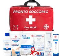 AIESI® Botiquín de Primeros Auxilios profesional con TERMÓMETRO Y DESINFECTANTE para coche casa viaje barco moto trekking EASY AID KIT, Bolsa de emergencia completa para medicación, Made in Italy