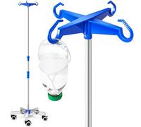 AIESI® Soporte Porta Sueros en ACERO INOXIDABLE con 4 ganchos de plástico y ruedas giratorias con freno, Gratis 2 portabotellas 100 ml, Garantía 24 meses