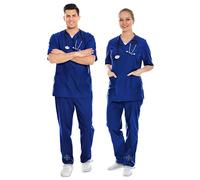 AIESI® Uniforme Sanitario Hombre Mujer de algodón 100% sanforizado Pantalones y Casaca con Cuello en V (XXL, AZUL ROYAL)