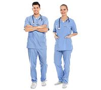 AIESI® Uniforme Sanitario Hombre Mujer de algodón 100% sanforizado Pantalones y Casaca con Cuello en V (XXL, Azul Claro)
