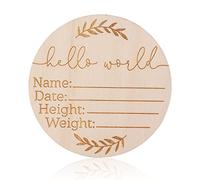 AIEX Letrero de Anuncio de Bebé de Madera, 15cm Tarjetas de Hitos Bebe Hello World Madera Hola Mundo Bebe Redondo para Hospital Accesorio de Foto Baby Shower