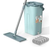 Aifacay Juego de fregona y Cubo, Sistema de Cubo Plano de 8 Almohadillas Reutilizables de Microfibra para el hogar, fregona y Cubo con escurridor, Mango de Acero Inoxidable extendido para Madera,