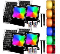 Aigostar 100W Foco Solar Exterior RGB con Mando a Distancia, 8000mAH Batería de Gran Capacidad y Gran Panel Solar. IP66, Cable de 5M. Proyector LED para Interior y Jardín, Patio, Camino, 4 piezas