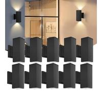 Aigostar 10x Aplique de Pared Exterior/Interior IP65 - Pack 10 Unidades para Terraza, Jardín, Entrada, Pasillo, Balcón. Luz Arriba/Abajo, Aluminio, Cristal Templado, GU10 (No Incluye Bombilla), Negro