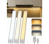 Aigostar 3 Pcs Luz LED Armario Sensor de Movimiento, Bajo Mueble Cocina 30.4cm, 2200mAh USB-C Recargable, Color y Brillo Regulable, Magnética Adhesiva, Aluminio, Inalámbrica