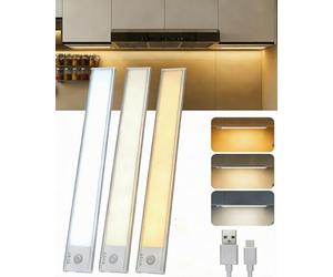 Aigostar 3 Pcs Luz LED Armario Sensor de Movimiento, Bajo Mueble Cocina 30.4cm, 2200mAh USB-C Recargable, Color y Brillo Regulable, Magnética Adhesiva, Aluminio, Inalámbrica