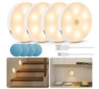Aigostar 4 Piezas 3000K Luz Nocturna Magnética LED con Sensor de Movimiento, Luz Armario Adhesiva USB Recargable, 0.5W Luz Noche para Habitación, Pasillo, Cocina, Escaleras, Baño