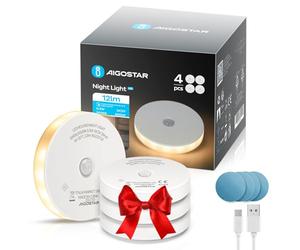 Aigostar 4 Piezas Luz Nocturna LED con Sensor de Movimiento, Luz Noche con 2 Temperaturas de Color, Luz Armario USB Recargable con Tira Magnética Adhesiva para Dormitorio, Pasillo, Cocina, Escaleras