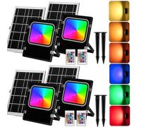 Aigostar 50W Foco Solar Exterior RGB con Mando a Distancia, 4000mAH Batería de Gran Capacidad y Gran Panel Solar. IP66, Cable de 5M. Proyector LED para Interior y Jardín, Patio, Camino, 4 piezas
