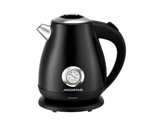 Aigostar Adrian - Hervidor de agua eléctrico Retro, 1,7L, Acero Inoxidable, 2200W,Indicador de Temperatura, Nivel de agua, Apagado Automático, Protección contra la ebullición en seco, Libre BPA, Negro