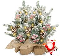 Aigostar Árbol de Navidad con Luces Incorporadas 35cm 2pcs, Árbol de Navidad Pequeño Decorado con Nieve Artificial, Piñas y Frutos Rojos, Ideal para Salón, Dormitorio o Habitación Infantil