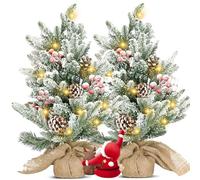 Aigostar Árbol de Navidad con Luces Incorporadas 50cm 2pcs, Árbol de Navidad Pequeño Decorado con Nieve Artificial, Piñas y Frutos Rojos, Ideal para Salón, Dormitorio o Habitación Infantil