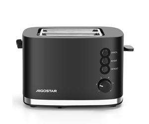 AIGOSTAR B30202J4R Tostadora de 2 Ranuras con Rejilla Calientabollos Incorporada, 6 Niveles de Tostado, 3 Funciones, Descongelación, Bandeja Recogemigas (800W)