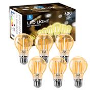 Aigostar - Bombilla LED E27 Edison, 6W Equivalente a 48W, Blanco Cálido 2200K, 600 Lúmenes, Bombilla LED Vintage Decorativa A60 de Filamento, No Regulable, Cristal ámbar, Pack 6