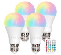 Aigostar Bombillas Colores RGBW, 12W con Mando a Distancia. Bombillas LED E27 4 modos, 5 niveles de brillo, 15 colores ajustables para Hogar, Decoración, Bar, Fiesta. 4Uds