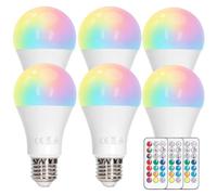 Aigostar Bombillas Colores RGBW, 12W con Mando a Distancia. Bombillas LED E27 4 modos, 5 niveles de brillo, 15 colores ajustables para Hogar, Decoración, Bar, Fiesta. 6Uds