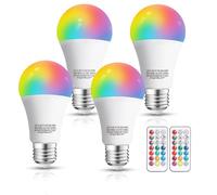 Aigostar Bombillas Colores RGBW, 8W con Mando a Distancia. Bombillas LED E27 4 modos, 5 niveles de brillo, 15 colores ajustables para Hogar, Decoración, Bar, Fiesta. 4Uds