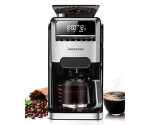 Aigostar Cafetera Goteo con Molinillo Incorporado, 1400W Maquina de Cafe, 7 Ajustes de Molienda, 3 Concentraciones, Capacidad de 1,5L (2-12 Tazas), Programable 24H con Mantenimiento de Calor, Negro