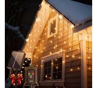 Aigostar Cortina Luces Navidad para Exterior Solares, 3M+5M*0.6M 100 LED 8 Modos, Cortinas de Luz Navidad Exterior, IP65, Visualización del nivel de batería, para Bodas, Fiestas. Blanco Cálido