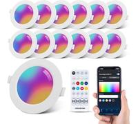 Aigostar Downlight Inteligente Empotrable Focos 6W Bluethooth Mesh, LED Techo Luces para Salón Cocina Compatible con Alexa con Control Remoto, RGB+CCT Regulable 2700-6500K,Ф100-110mm, 600LM, 12Uds