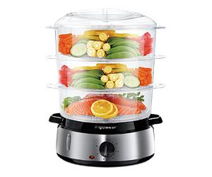 Aigostar Fitfoodie Steel - Vaporera eléctrica 800W, 3 recipientes Independientes (Capacidad Total 9l). Libre de BPA, Temporizador 60 Minutos y base de acero inoxidable.