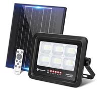 Aigostar Foco Proyector LED Solar 100w, Blanco Frío 6500K, con mando a distancia, Impermeable IP65, Visualización del nivel de batería, con Brillo y Sincronización ajustables para Jardín,Garaje