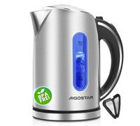 Aigostar Hervidor Agua Electrico de Acero Inox 1,7 Litros - Hervido Rápido Hervidor de Agua Eléctrico 2200W, Ventana Visible con iluminación LED, Tetera electrica Libre de BPA, Filtro, Apagado Auto