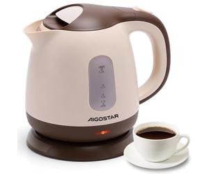 Aigostar Hervidor Agua Electrico Pequeño 1 Litros Marrón - Hervidor de Agua Portatil & Compacto 1100 W, Para Acampar & Viajar, Hervido Rápido, Apagado Automático, Fácil de Limpiar, Sin BPA